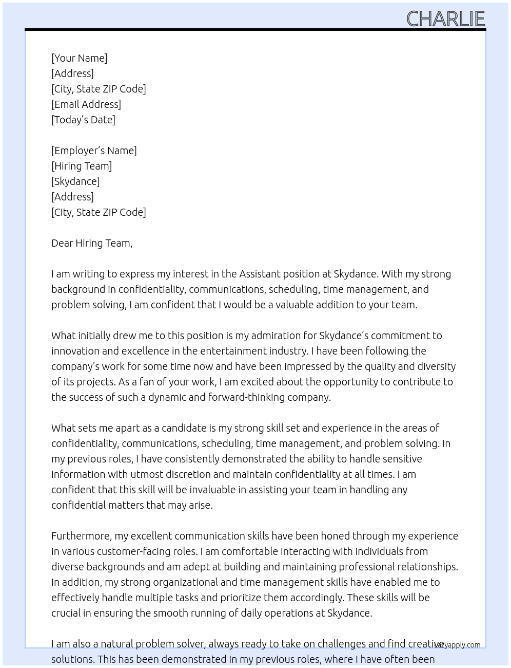 Assistant At Skydance Cover Letter