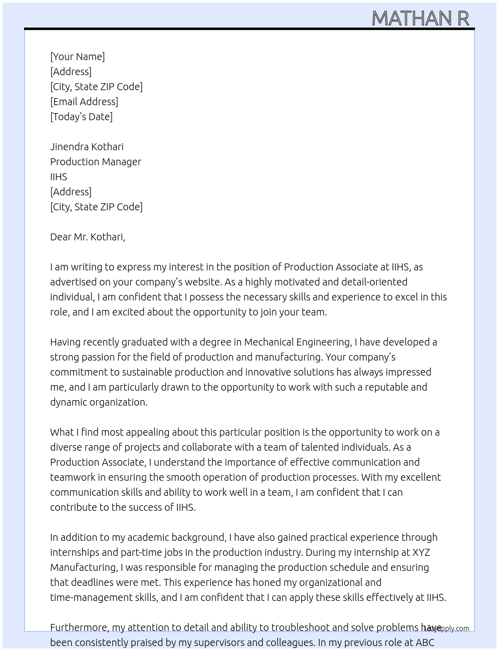 Production Associate At IIHS Cover Letter