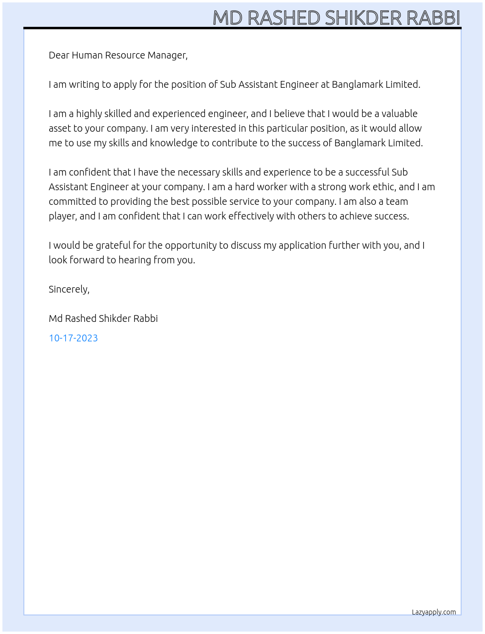 Sub Assistant Engineer At Banglamark limited Cover Letter