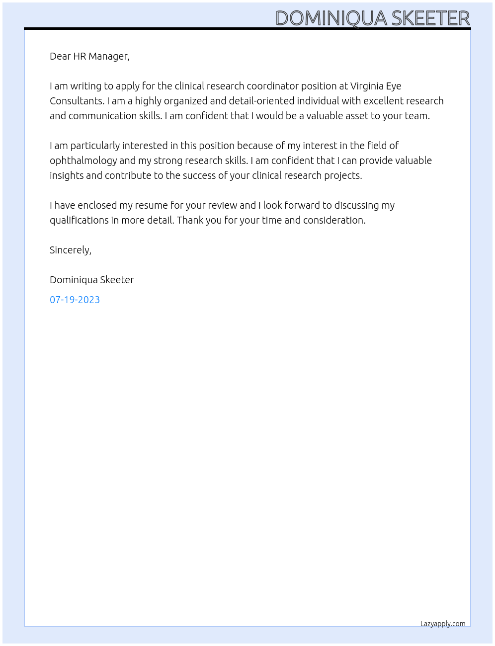 clinical research coordinator At Virginia Eye Consultants Cover Letter