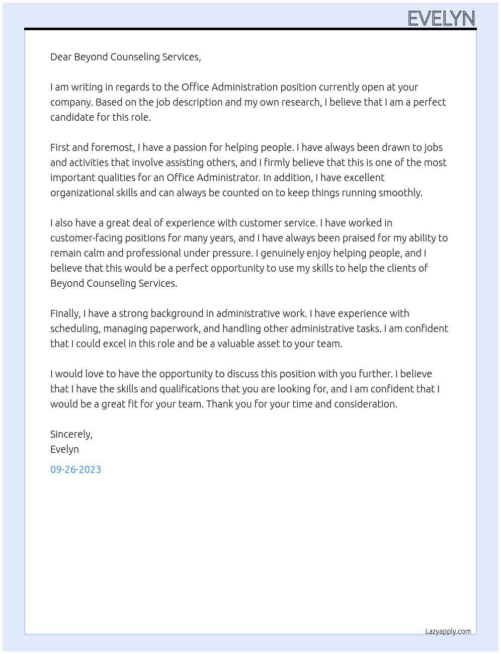 Office Administration At Beyond Counseling Services Cover Letter