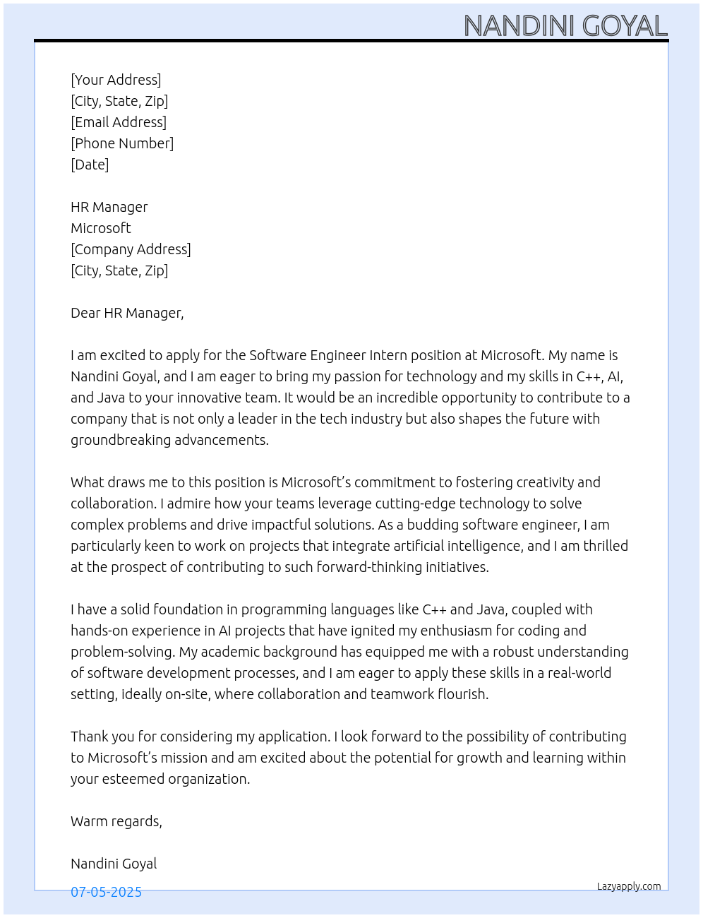 Software Engineer Intern At Microsoft Cover Letter