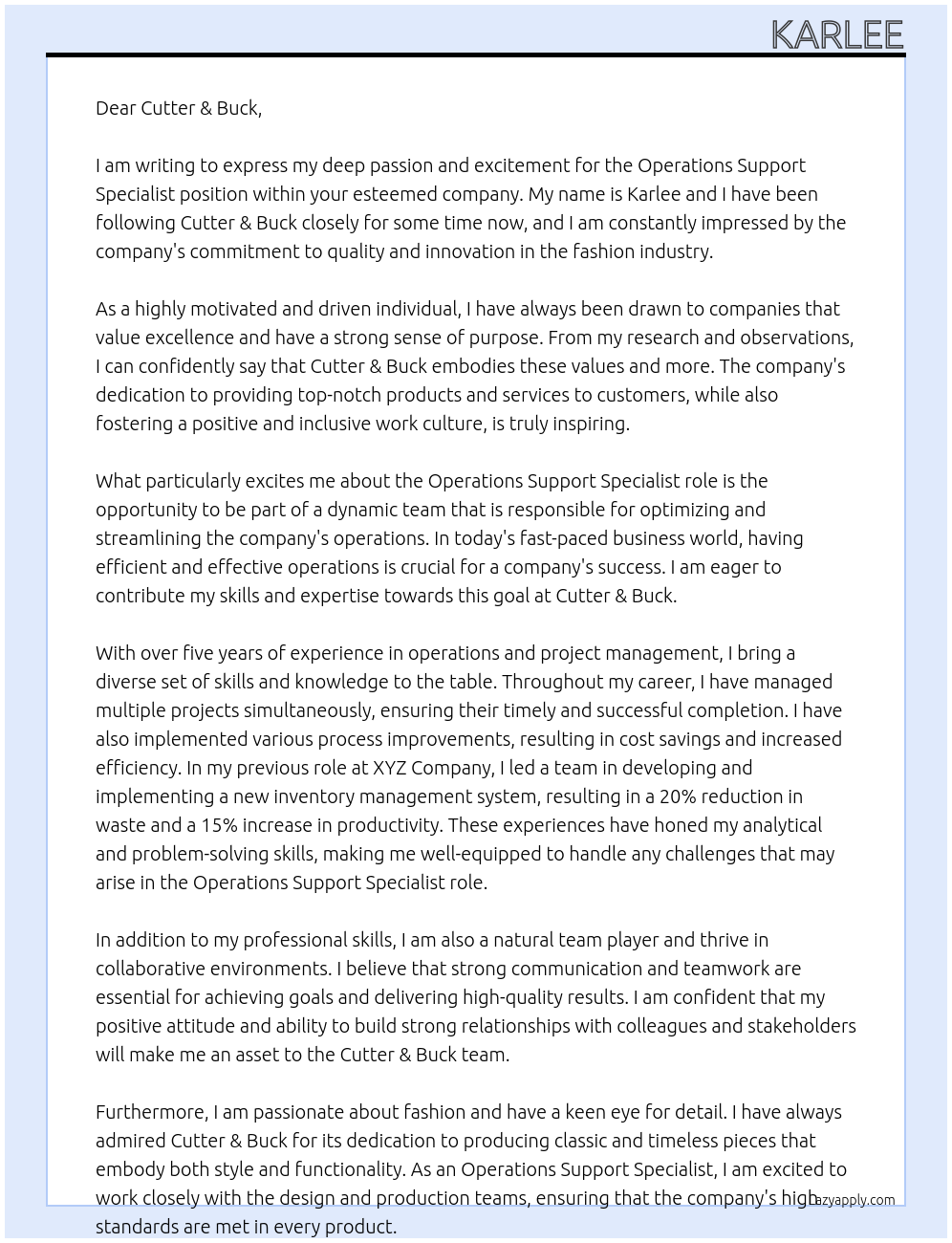 Operations Support Specialist At Cutter & Buck Cover Letter