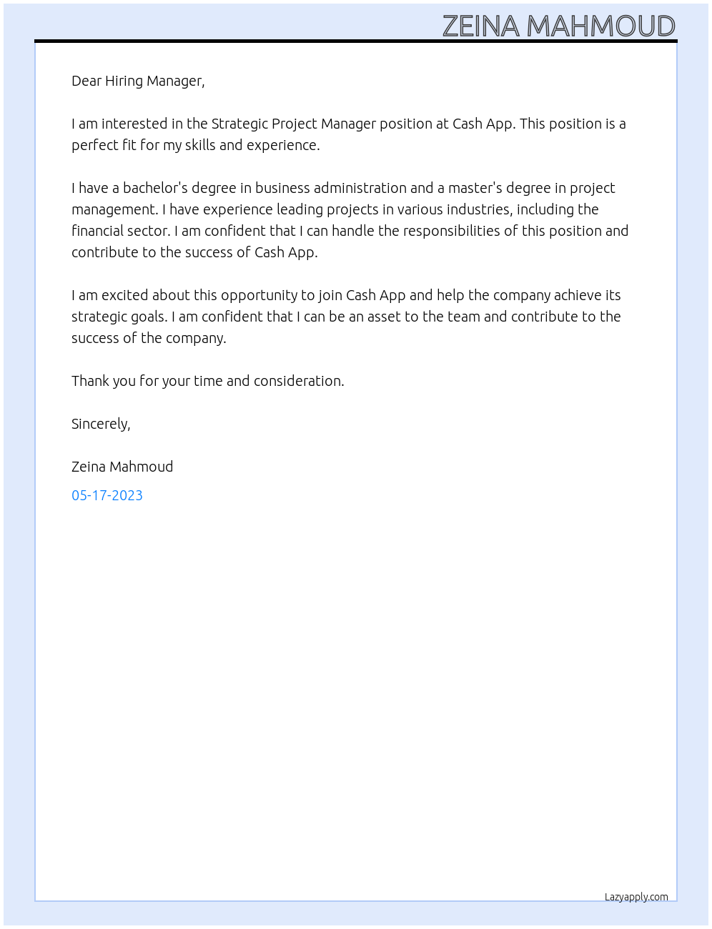 Strategic Project Manager At Cash App Cover Letter