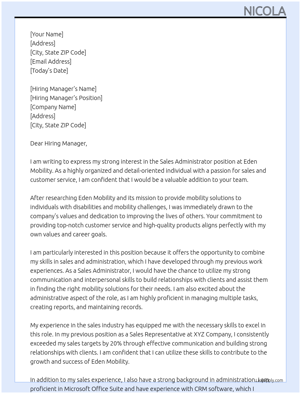 Sales Administrator At Eden Mobility Cover Letter