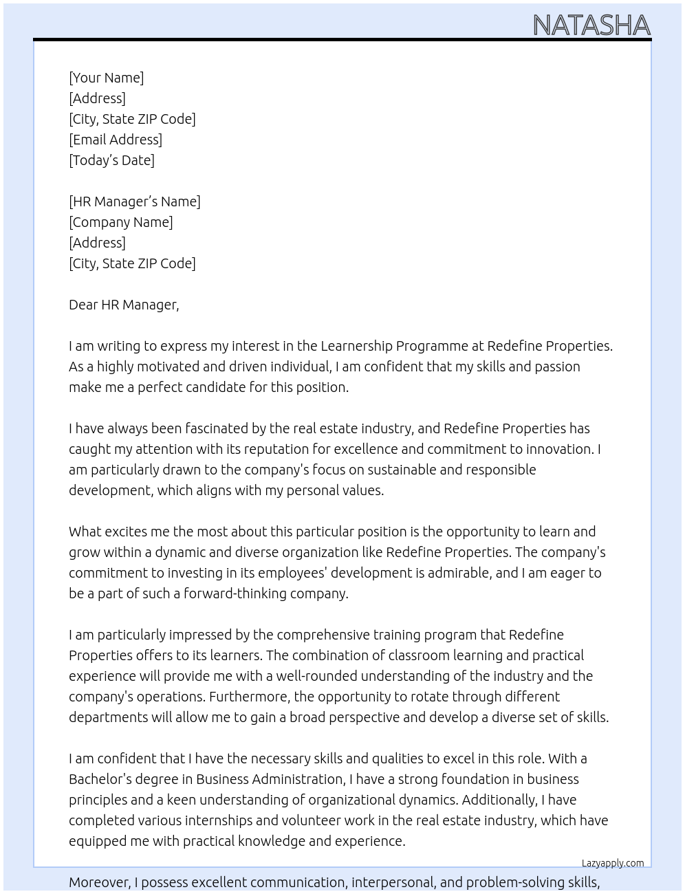 Learnership programme At Redefine Properties Cover Letter
