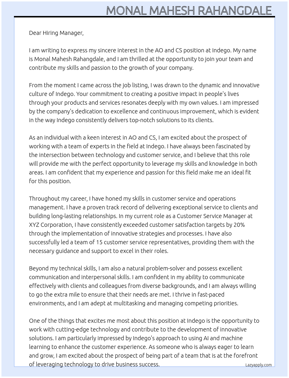 AO and CS  At Indego  Cover Letter