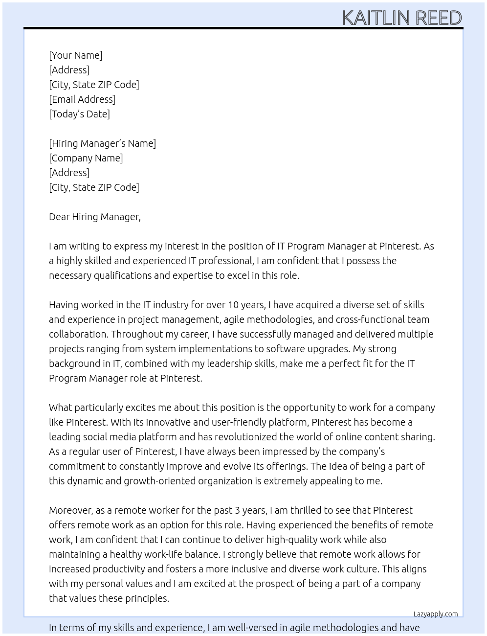 It Program Manager At Pinterest Cover Letter