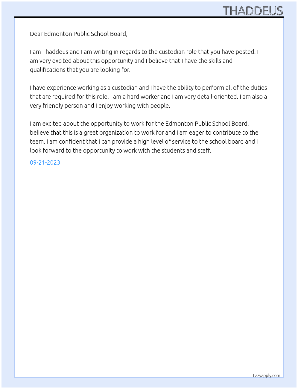 custodian At Edmonton Public School board Cover Letter