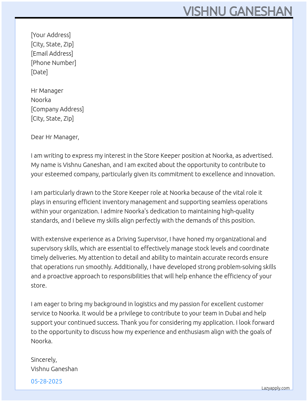 Store keeper At Noorka Cover Letter