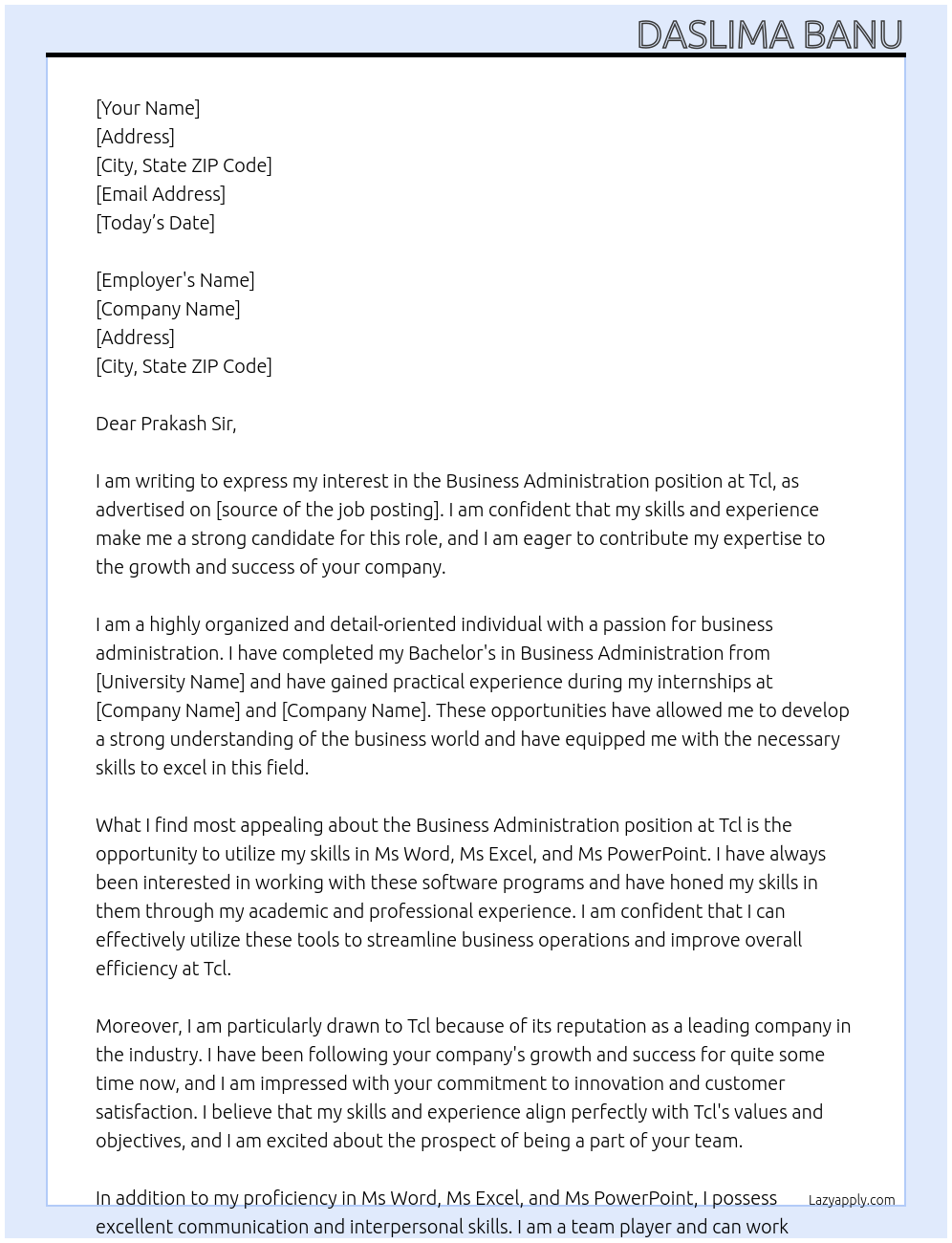 Business administration At Tcl Cover Letter