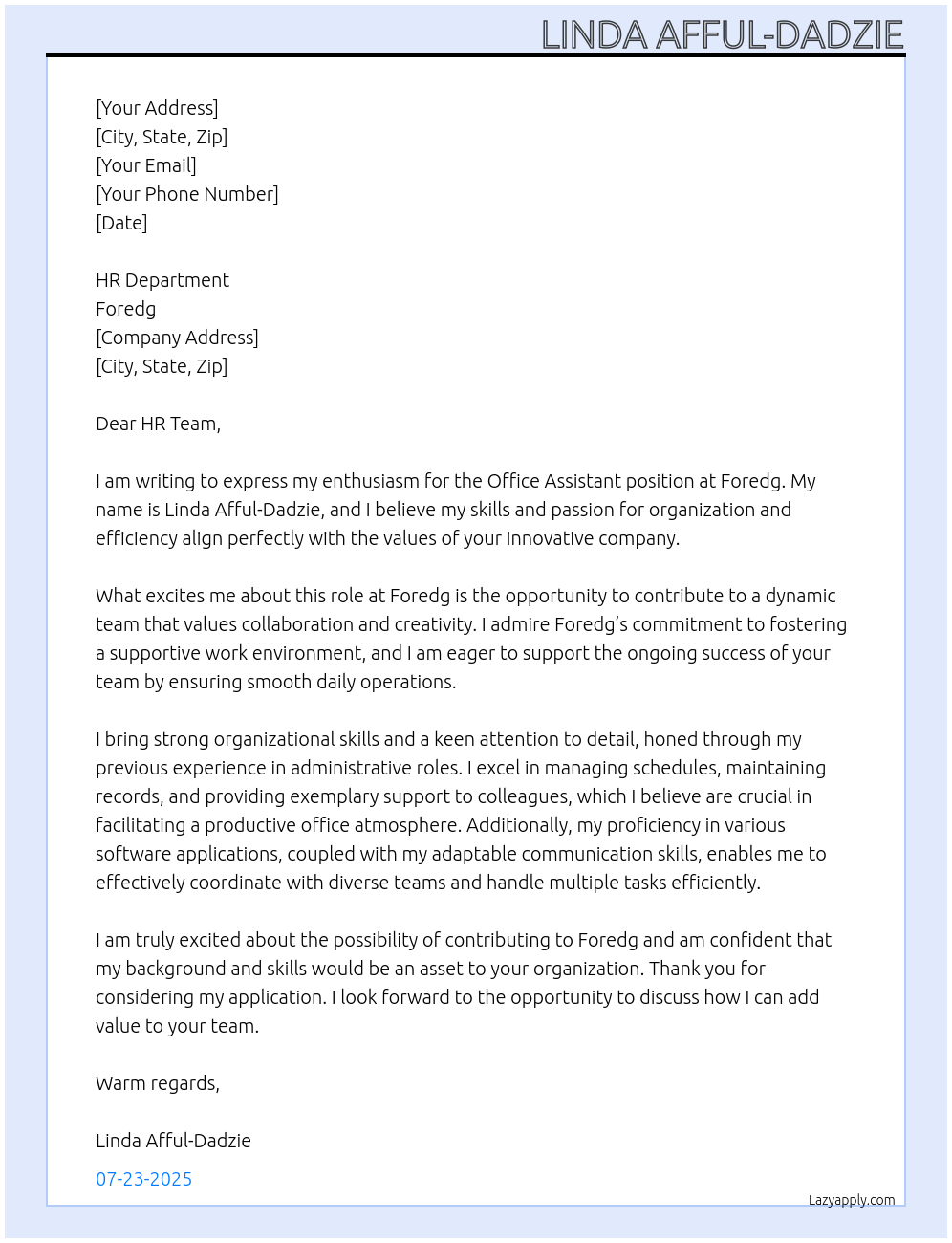 office assistant At Foredg Cover Letter