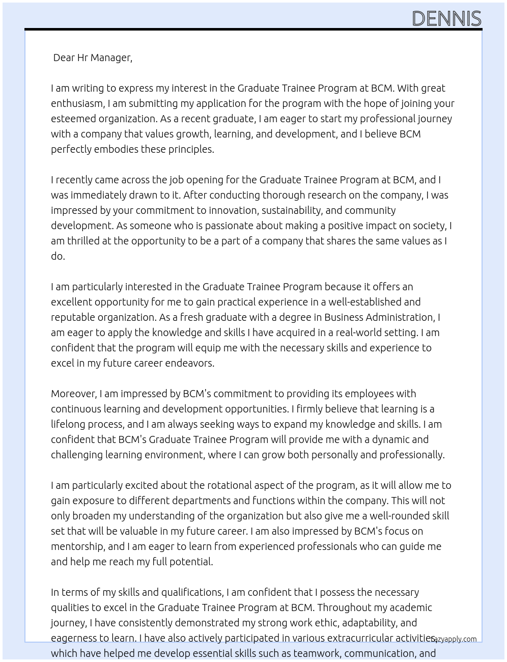 Graduate Trainee Program At BCM Cover Letter