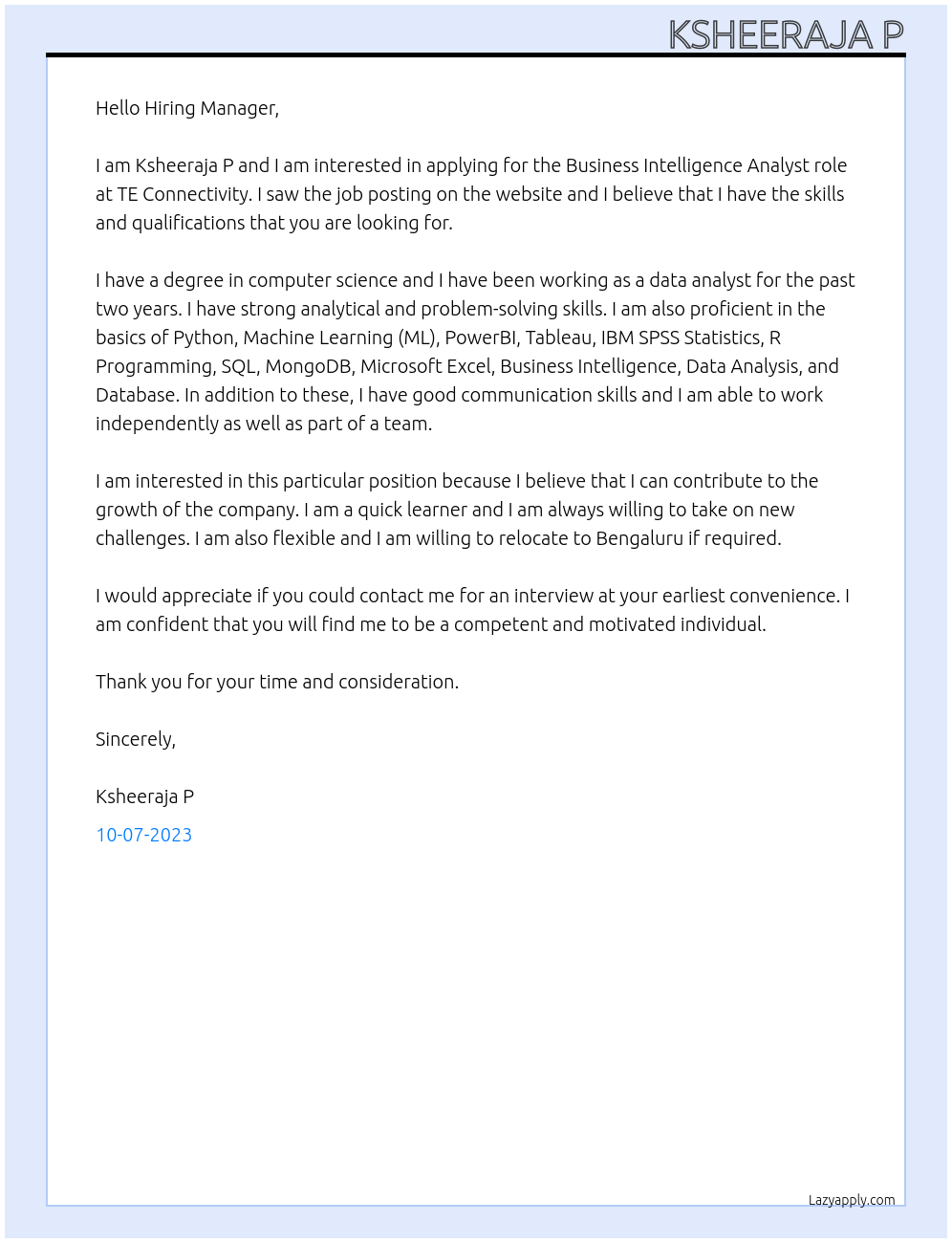 Business Intelligence Analyst At TE Connectivity Cover Letter