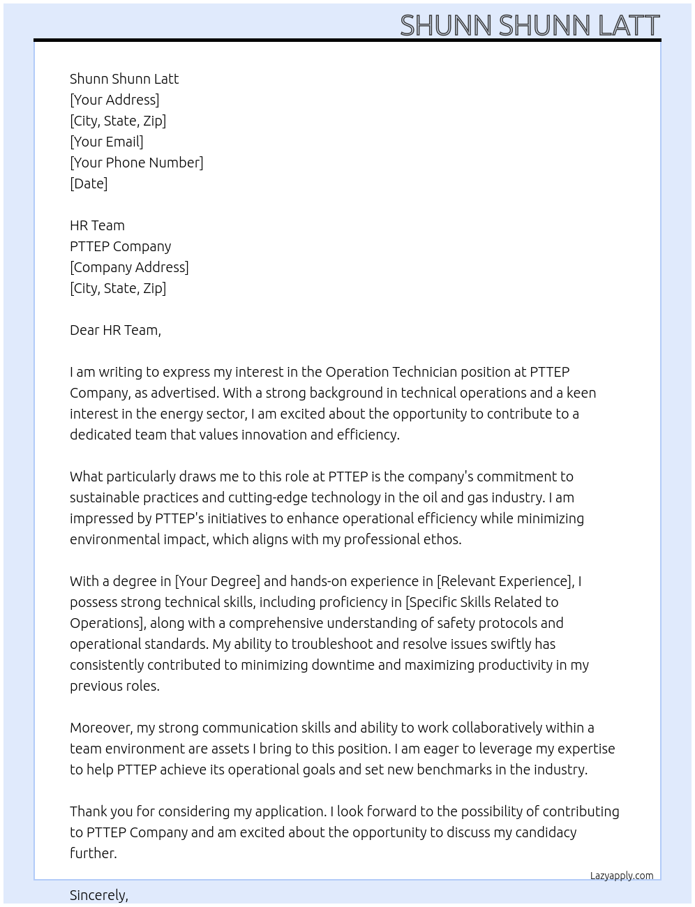 Cover letter for operation technician - LazyApply