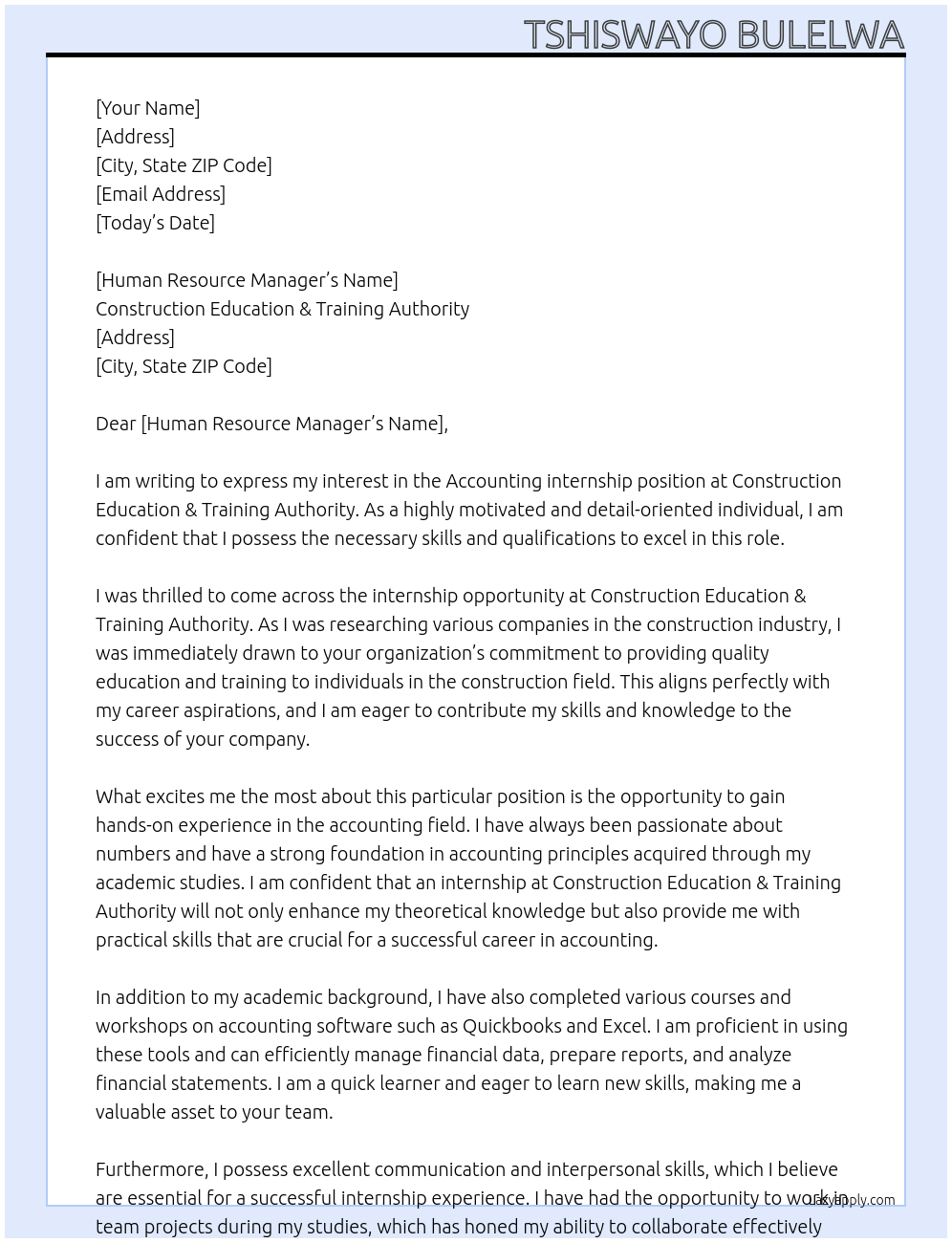 Accounting internship At Construction Education & Training Authority Cover Letter