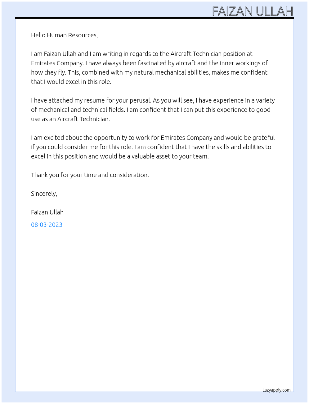 Aircraft Technician At Emirates Company Cover Letter