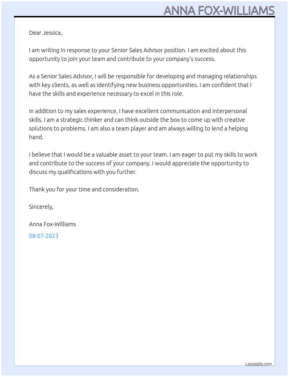 Senior Sales Advisor At Jessica McCormack Cover Letter