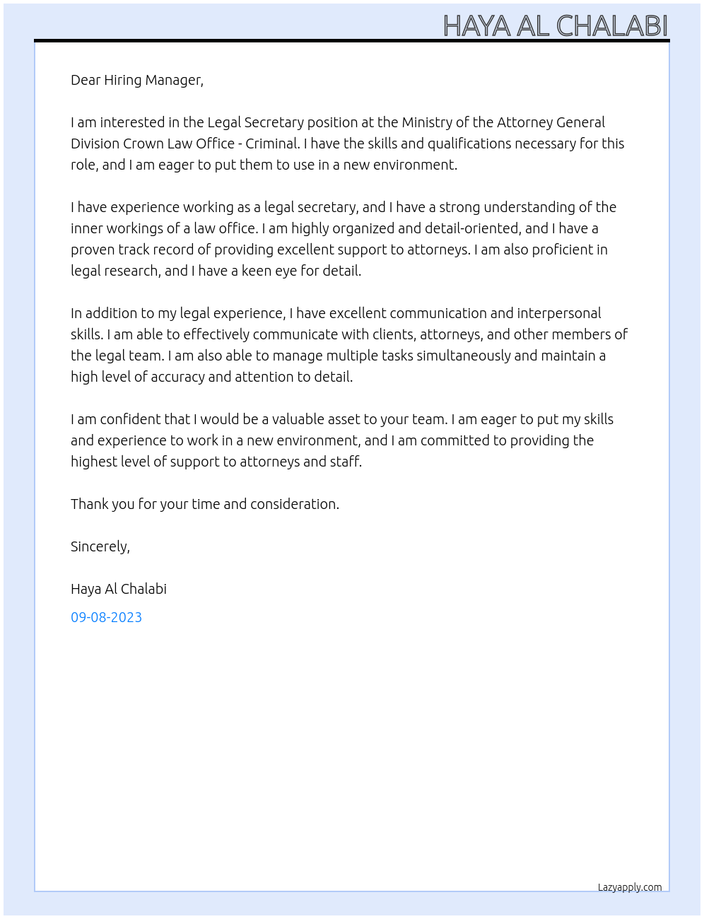 Legal Secretary At Ministry of the Attorney General Division Crown Law Office - Criminal Cover Letter