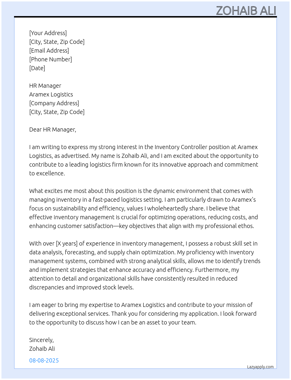 Inventory controller At Aramex logistics Cover Letter