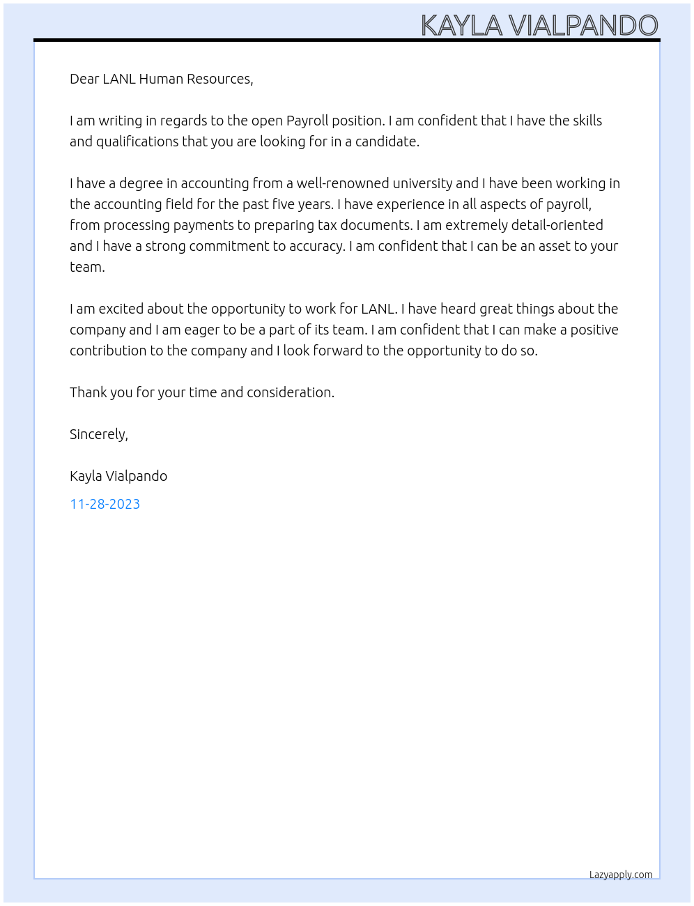 Payroll At LANL Cover Letter