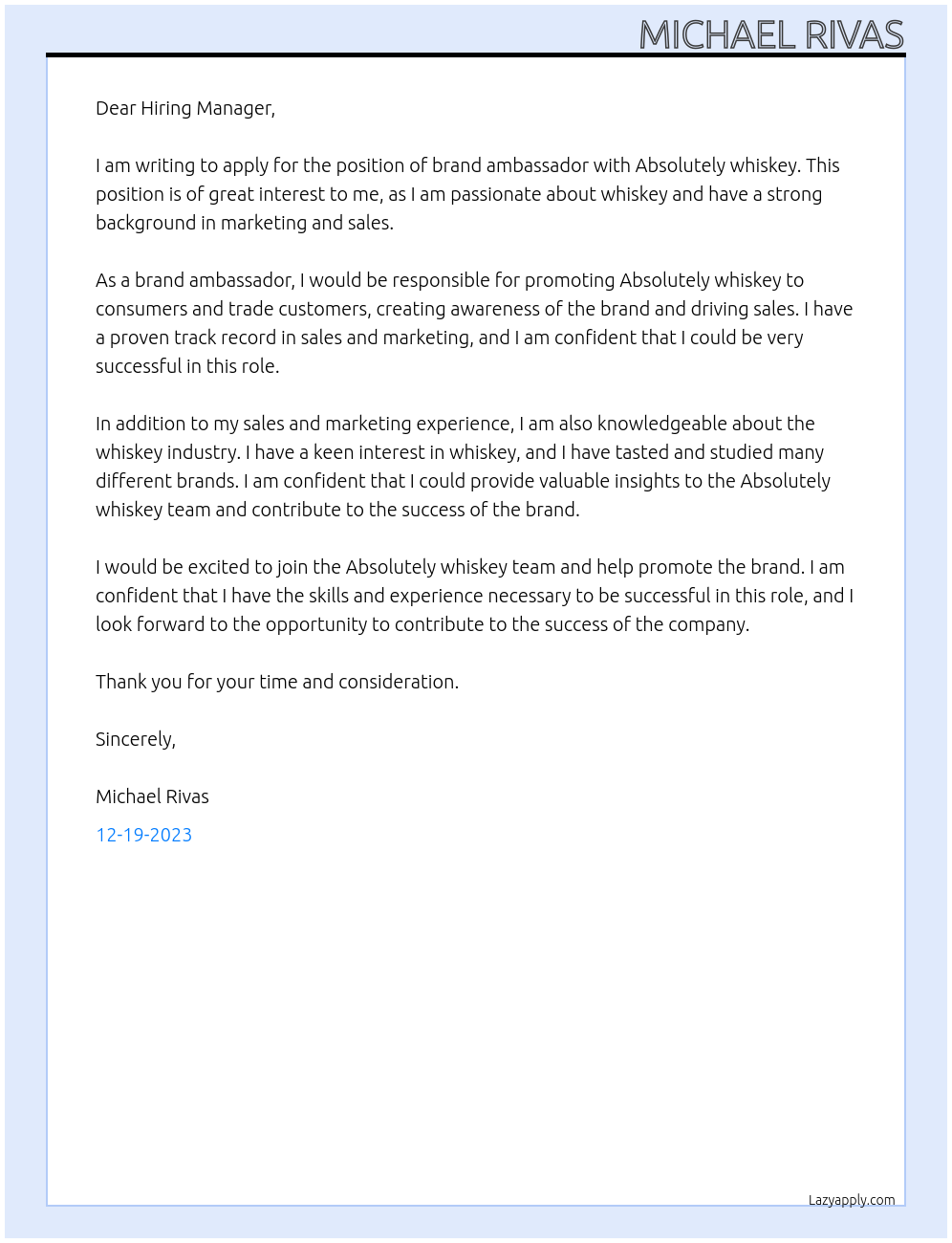 Brand ambassador  At Absolutely whiskey Cover Letter