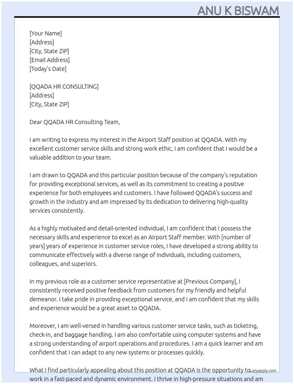 Airport staff At QQADA Cover Letter