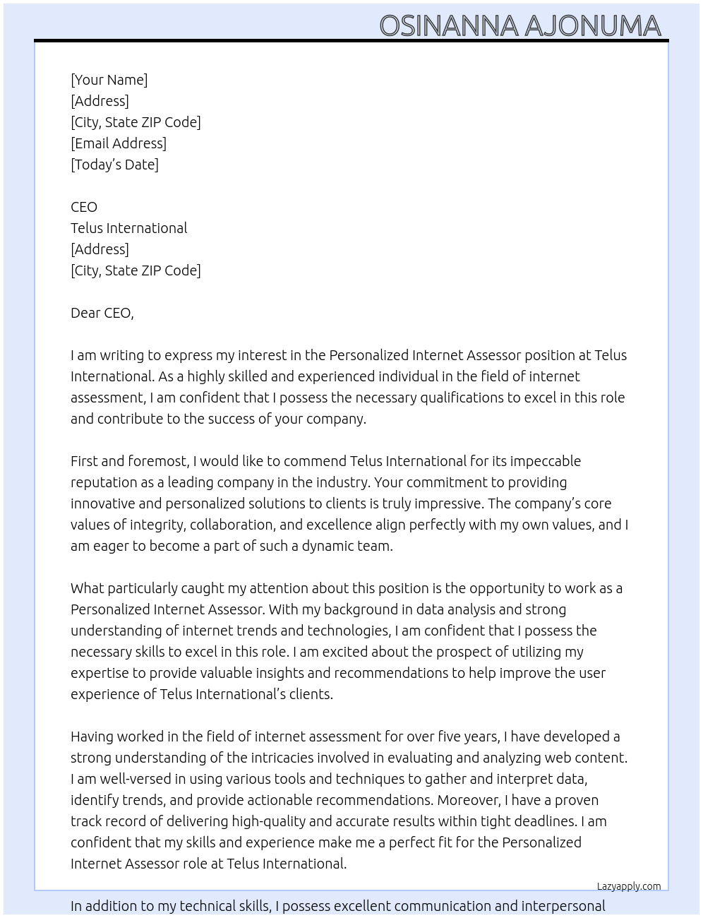 Personalized Internet Assessor  At Telus International  Cover Letter