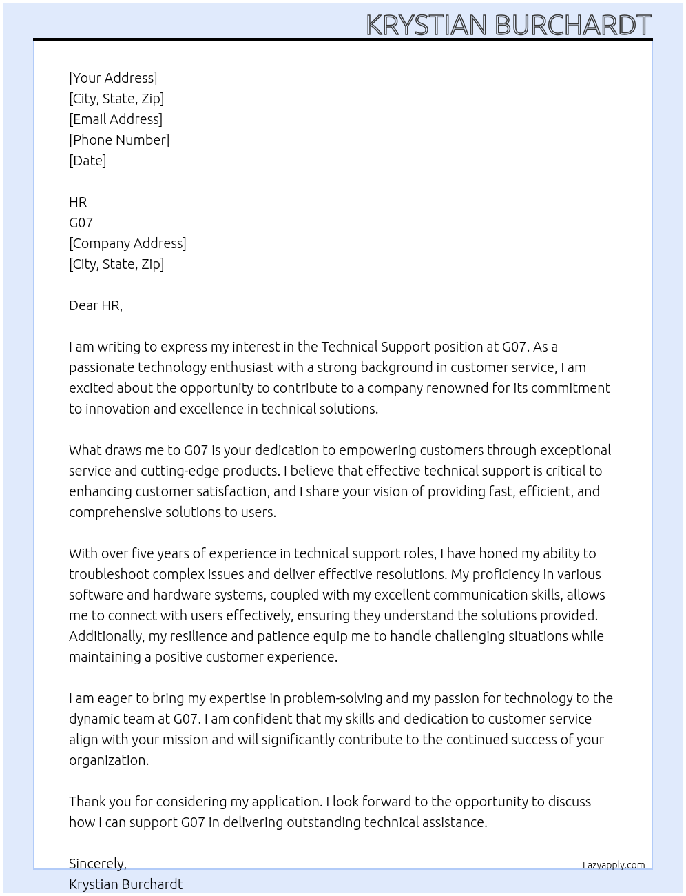 Technical Support At G07 Cover Letter