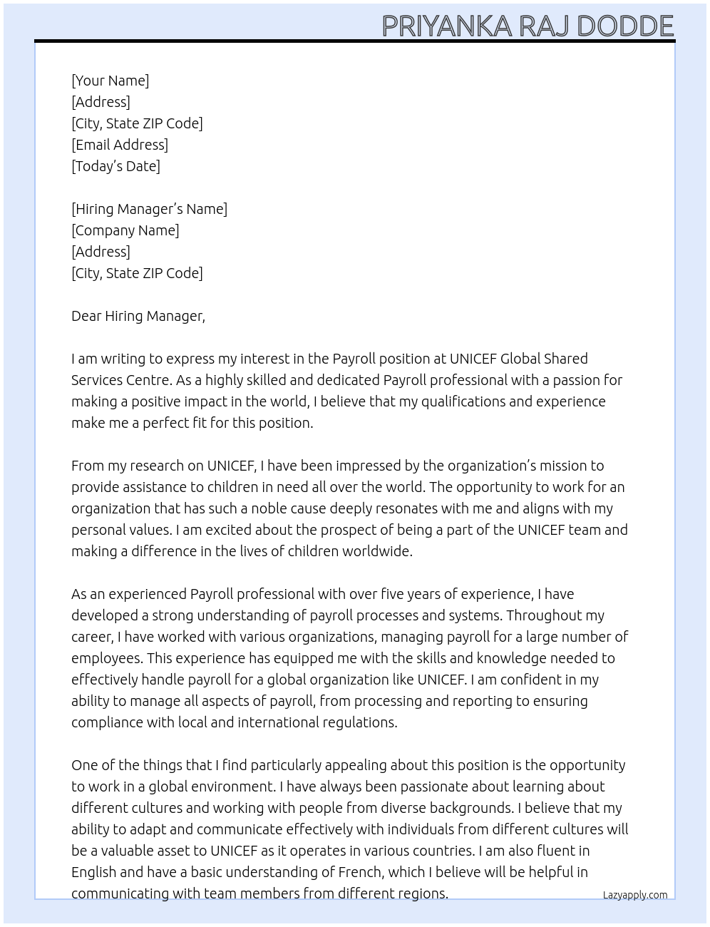 Payroll At UNICEF Global Shared Services Centre Cover Letter