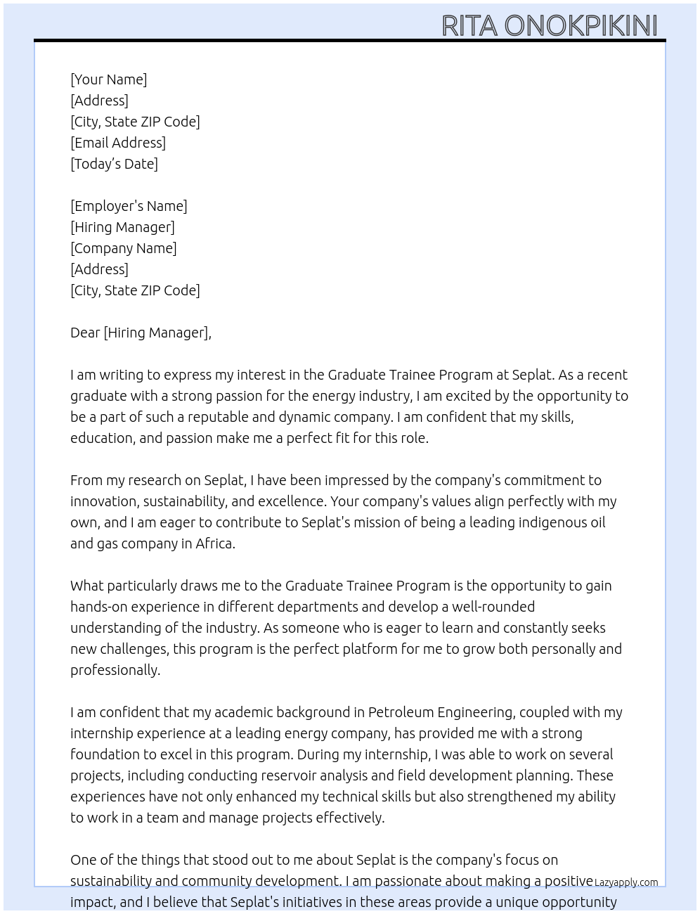 Graduate trainee program At Seplat Cover Letter