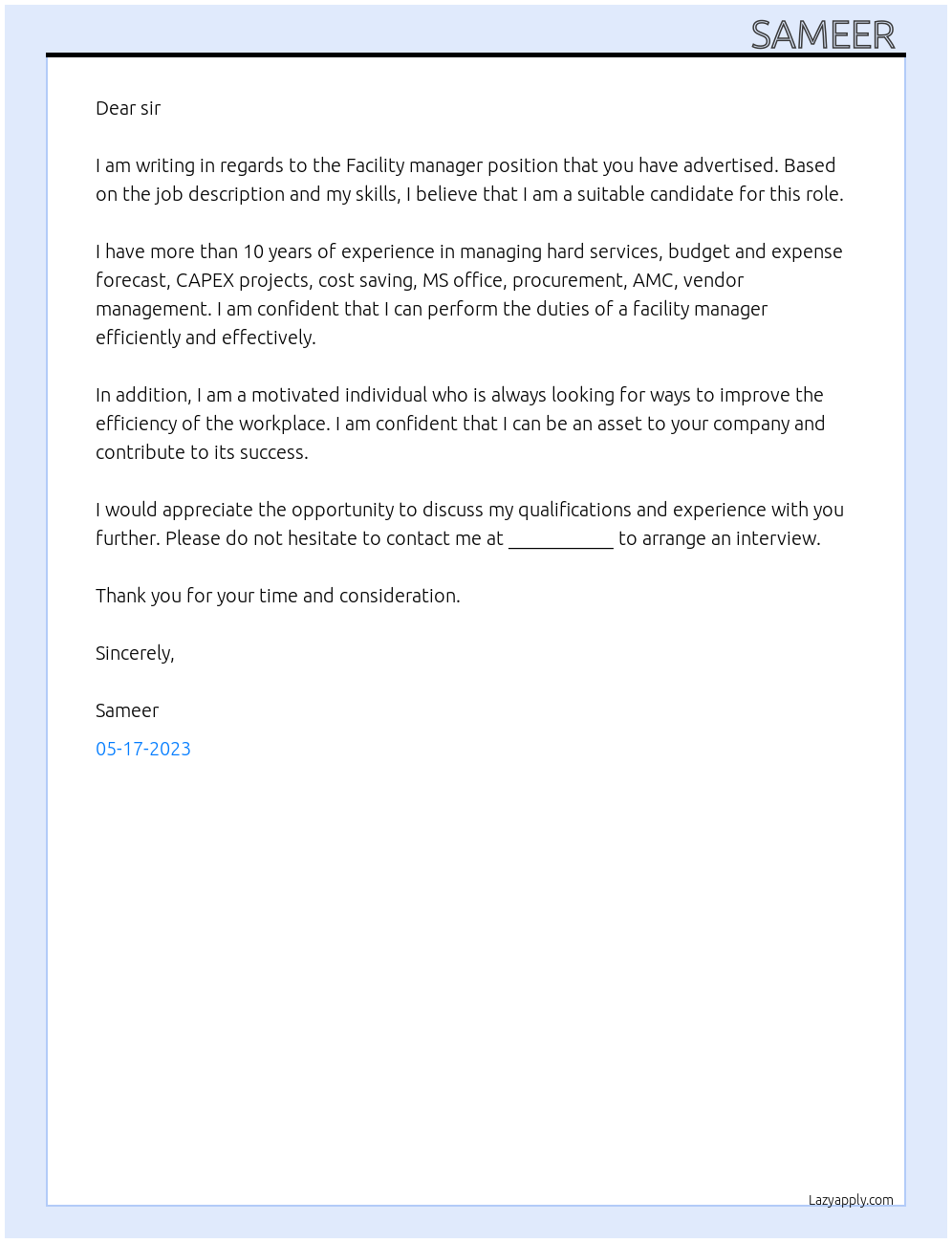 Facility manager At --- Cover Letter