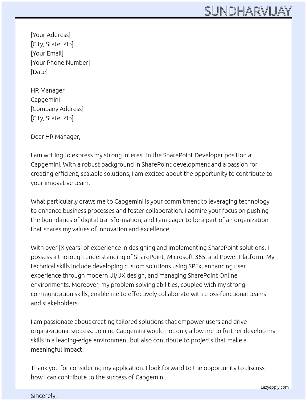 SharePoint Developer At Capegemini Cover Letter