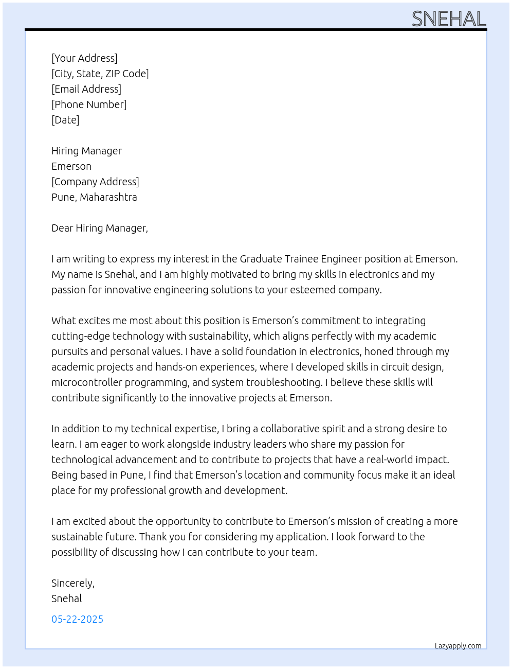 Graduate trainee engineer At Emerson Cover Letter