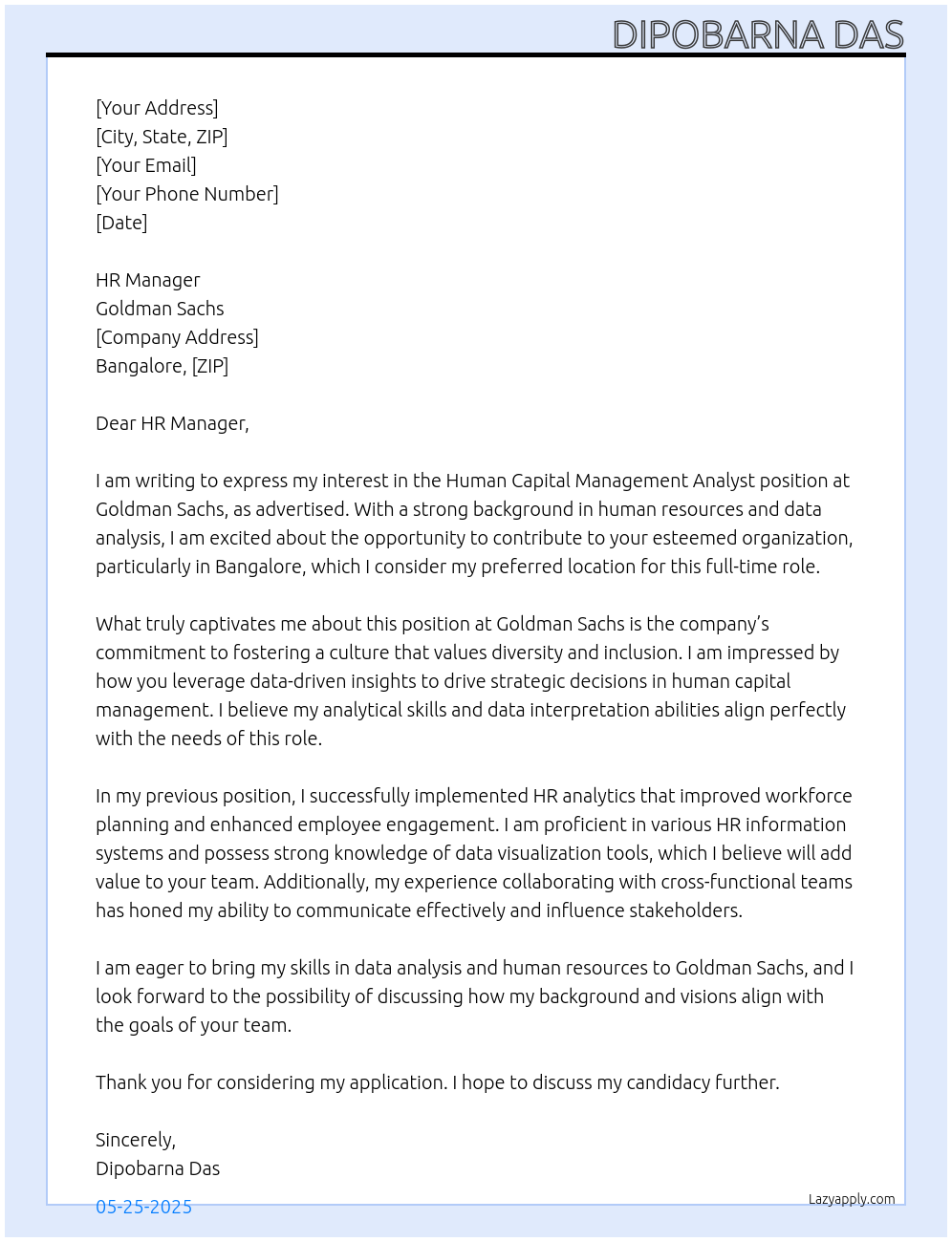Cover letter for human capital management analyst - LazyApply
