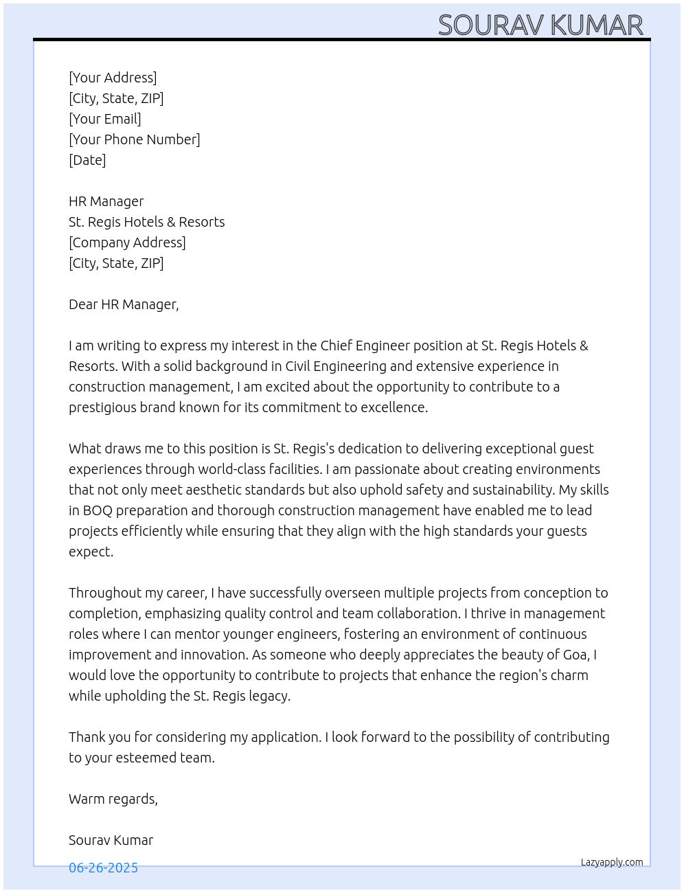 Chief Engineer At St. Regis Hotels & Resorts Cover Letter