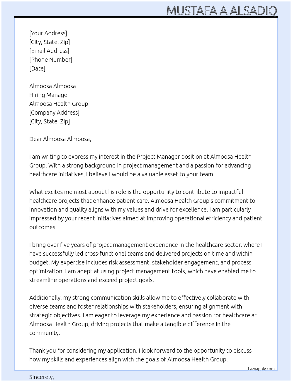 Project Manager At Almoosa Health Group Cover Letter