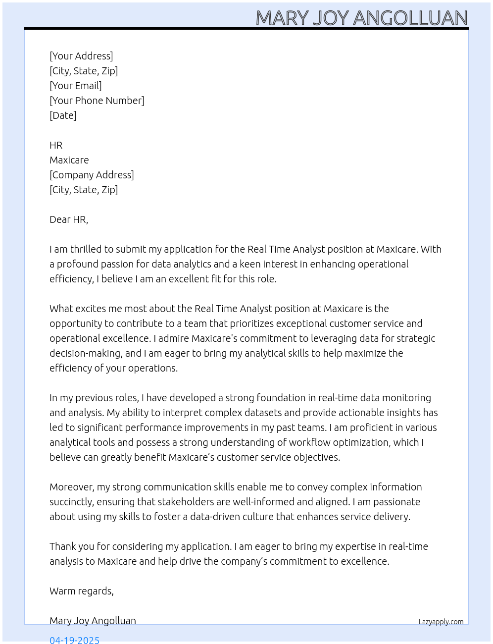 Real Time Analyst At Maxicare Cover Letter