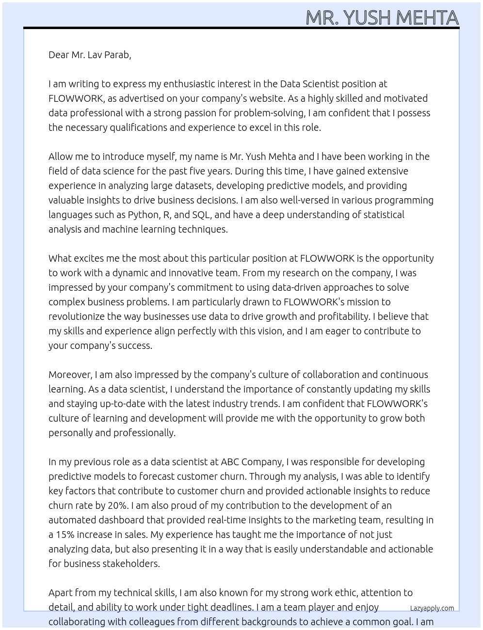 Data Scientist At FLOWWORK Cover Letter