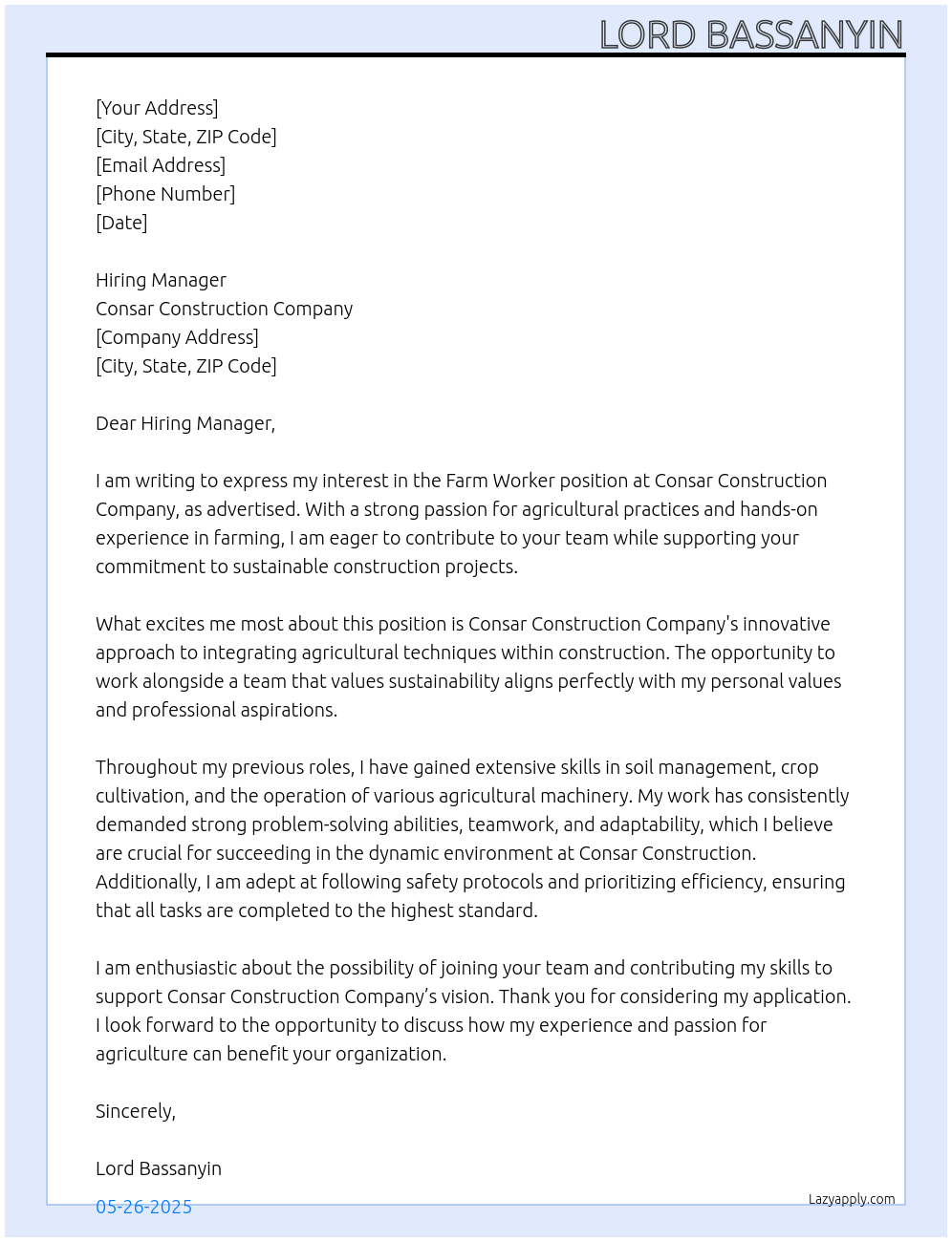 Farm worker At Consar construction company Cover Letter