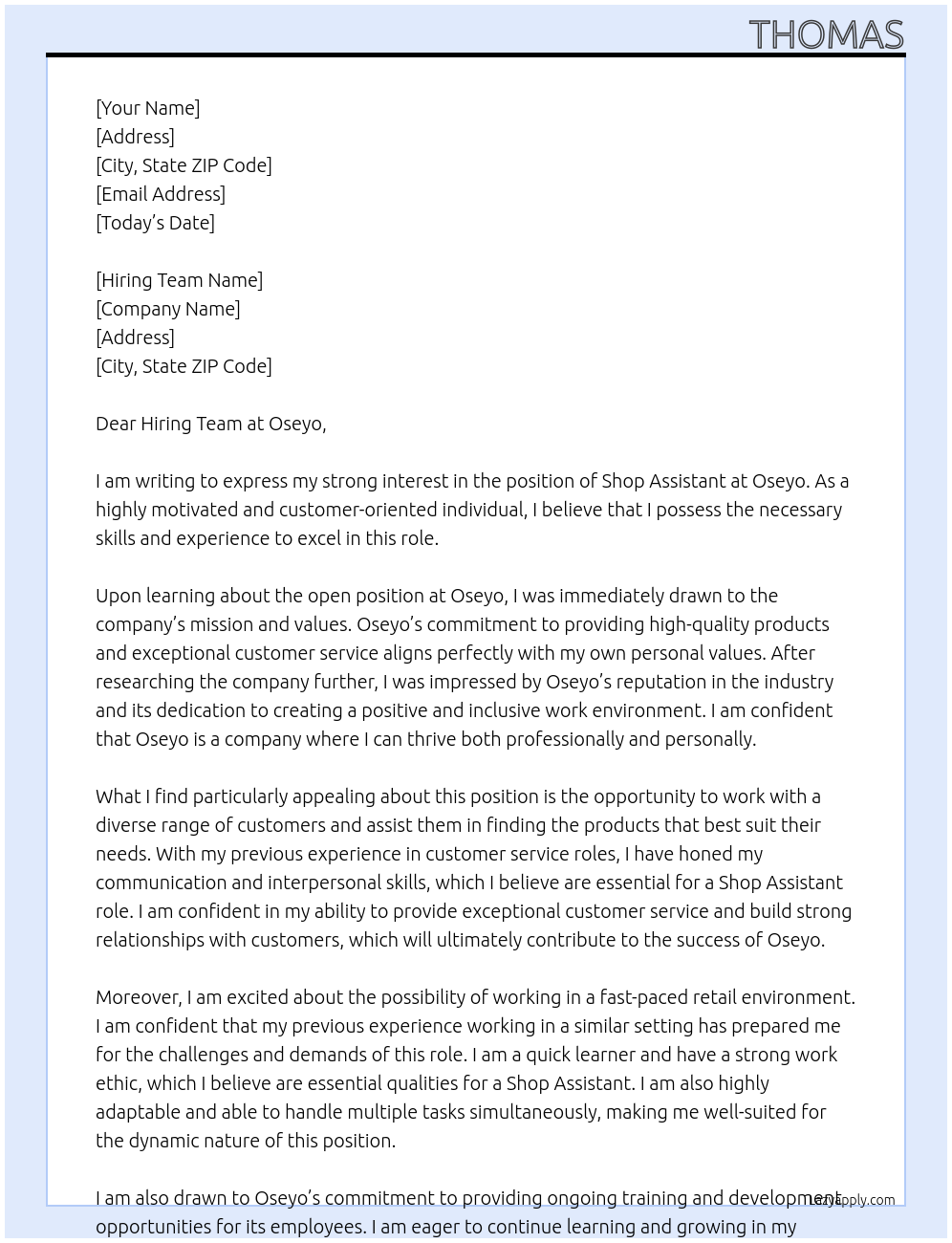 Shop Assistant At Oseyo Cover Letter