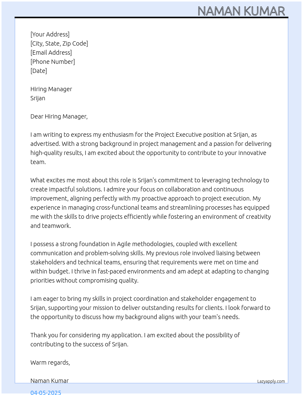 Project Executive  At Srijan  Cover Letter