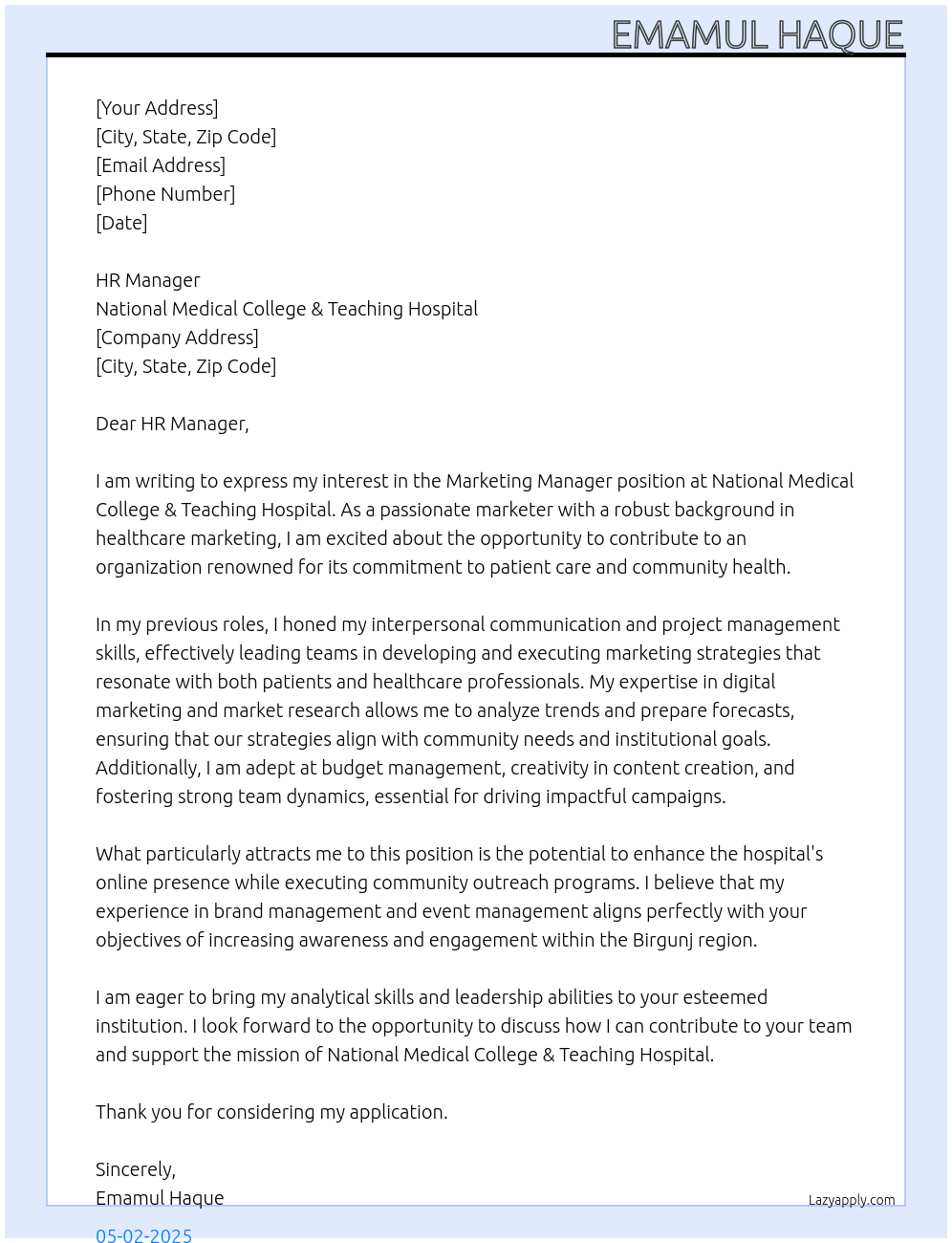 Marketing Manager At National Medical College & Teaching Hospital Cover Letter