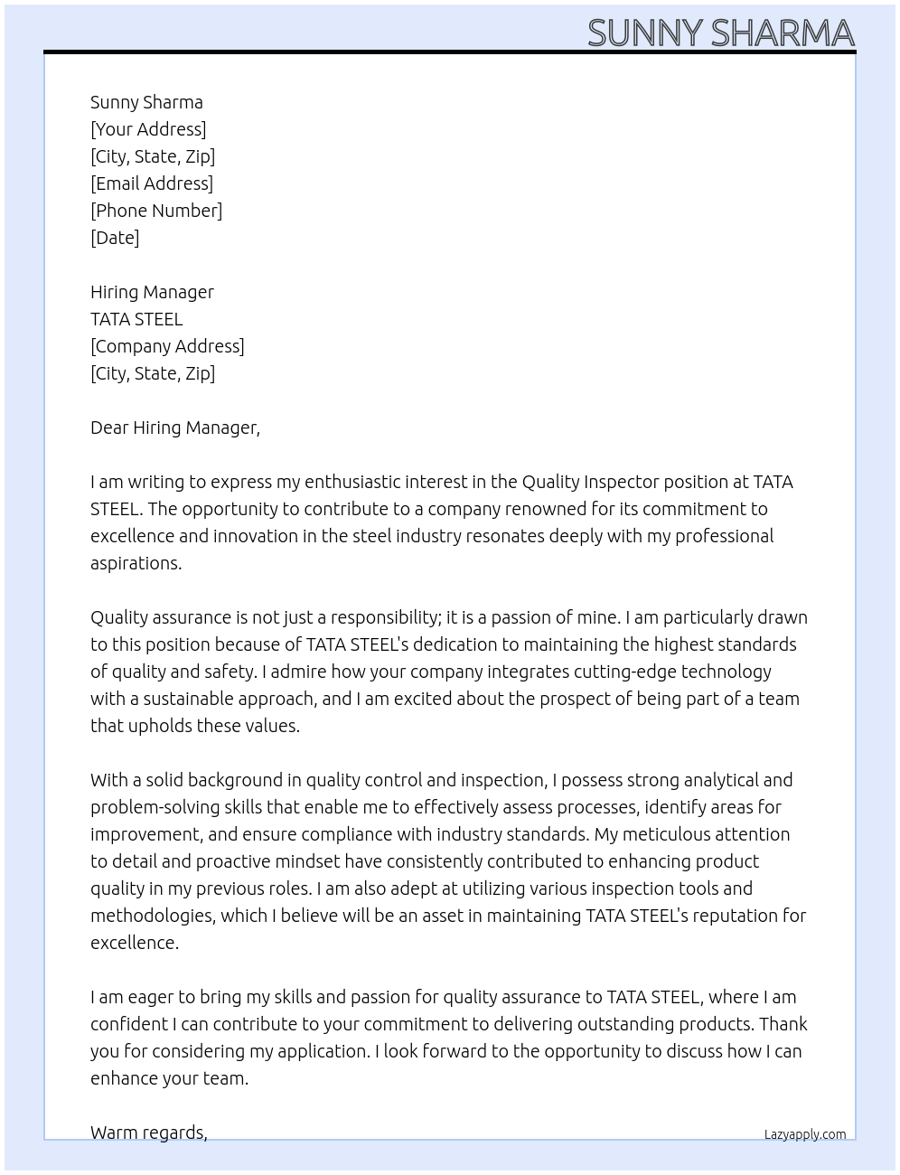 Quality inspector At TATA STEEL Cover Letter