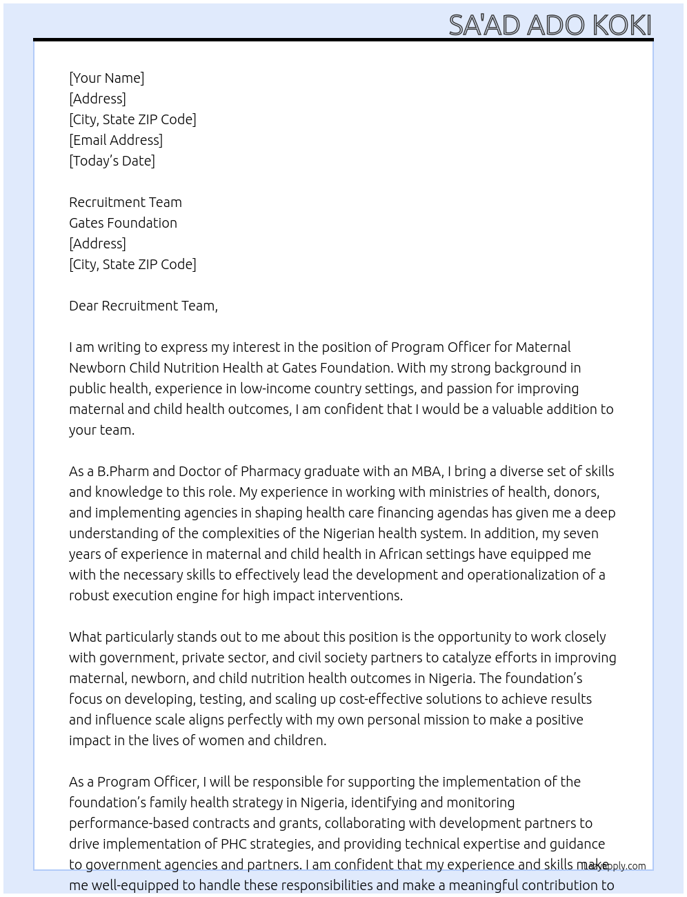 Cover letter for program officer, maternal newborn child nutrition health - LazyApply
