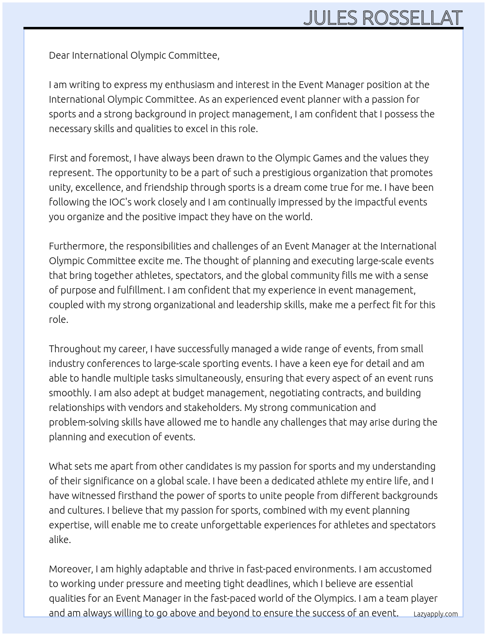 Event Manager At International Olympic Comitee Cover Letter
