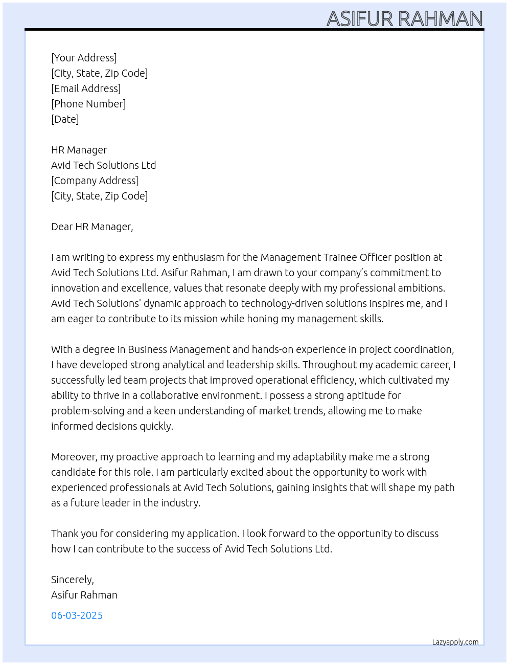 management trainee officer At Avid Tech Solutions Ltd Cover Letter