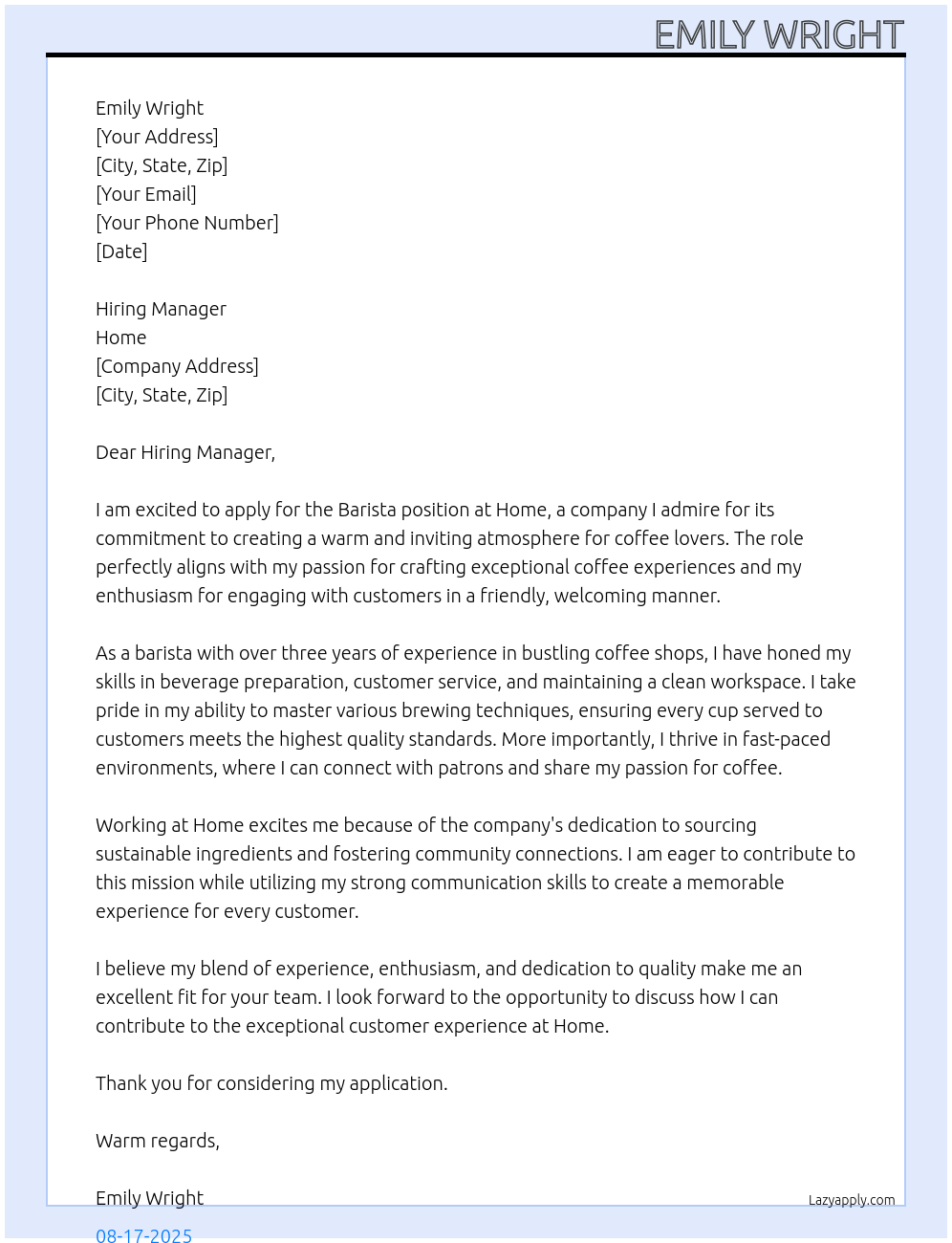 Barista At home Cover Letter