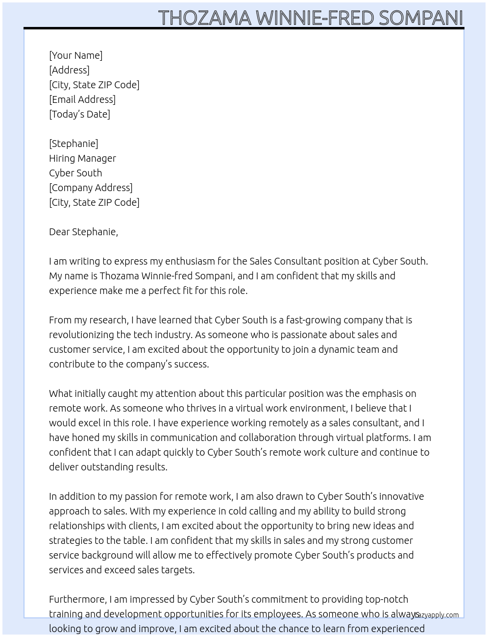 sales consultant At Cyber South Cover Letter