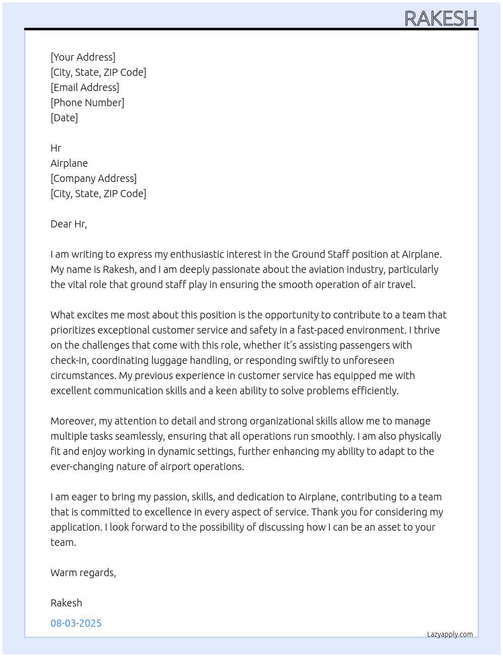 Ground staff At Airplane Cover Letter